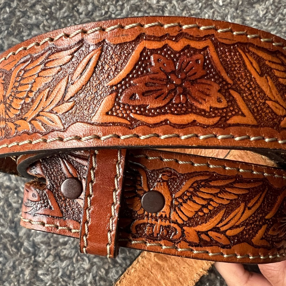 Floral and Eagle Embossed 38” Top Grain Saddle Leather Snap-On Belt Strap Brown